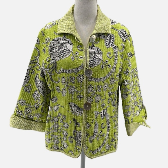 Patty Kim Quilted Cotton Floral Jacket in Lime - Size Large - Picture 1 of 7